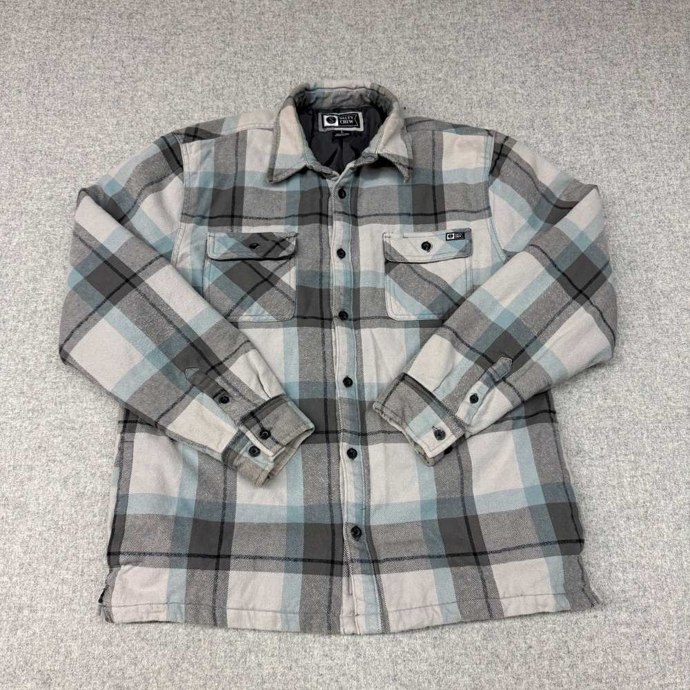 Salty Crew Flannel Shirt Jacket Large Grey Blue Plaid Quilted Lined Workwear Coa